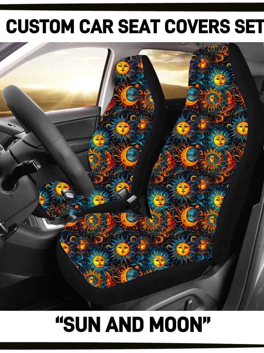 Sun and Moon Pattern Car Seat Covers Set - Vibrant Blue & Orange